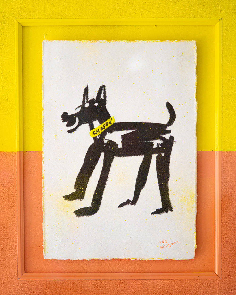 Happy Dog Wearing Slacks Yellow and Orange frame - 1 of 1